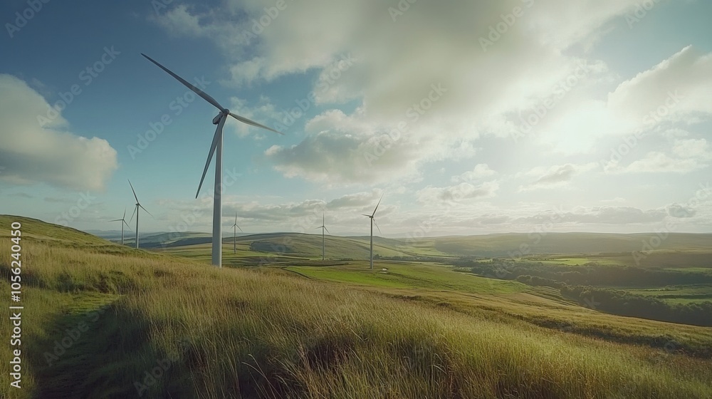 A wind farm with large turbines turning in the wind, set against