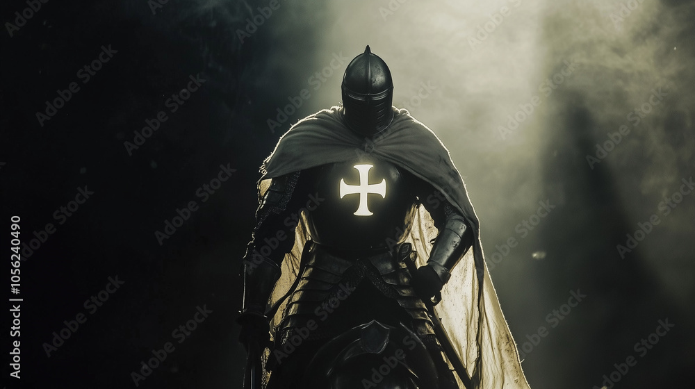Fototapeta premium templar knight with shining cross on his chest. dark background setting