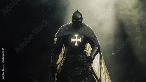 templar knight with shining cross on his chest. dark background setting