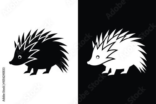 Minimalistic Hedgehog Vector Icons, Black and White Silhouettes Collection.	 photo