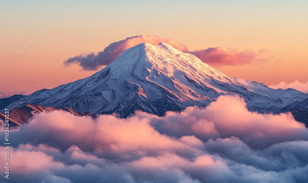 A majestic snow-capped mountain peak rising above a sea of clouds, illuminated by the warm glow of the sun A majestic snow-capped mountain peak rising above a sea of clouds, illuminated by the warm glow of the sun