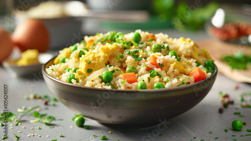 A hearty bowl of fried rice, loaded with colorful vegetables like peas and carrots, complemented by fluffy scrambled eggs for a delicious meal photo