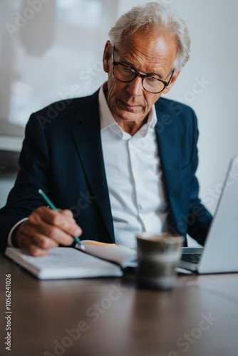 Senior businessman writing in diary while sitting with laptop at desk in office photo