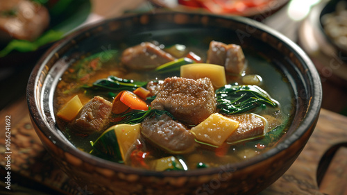 A hearty bowl of Filipino sinigang, featuring a tangy sour soup made with tamarind and tender pork, perfect for a comforting meal photo