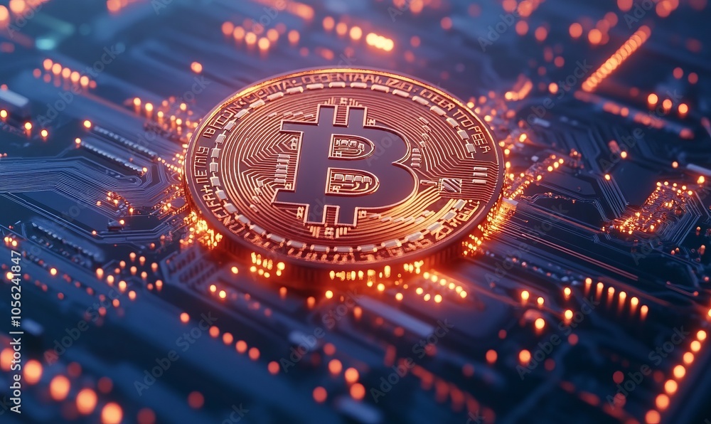 A glowing Bitcoin coin on a digital circuit background, symbolizing cryptocurrency innovation and financial technology A glowing Bitcoin coin on a digital circuit background, symbolizing cryptocurrency innovation and financial technology