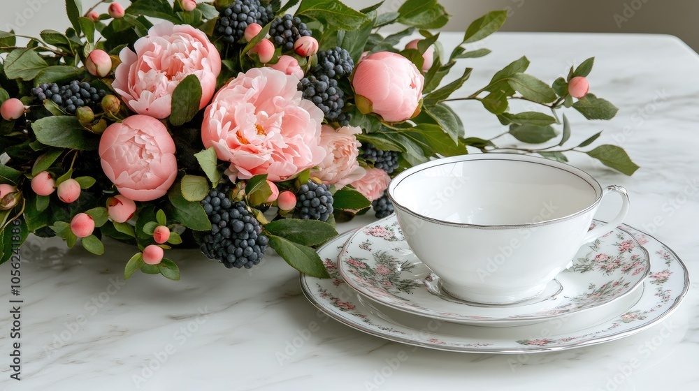 A white porcelain vase features intricate floral patterns with pink peonies and green leaves, beautifully highlighted against a white background A white porcelain vase features intricate floral patterns with pink peonies and green leaves, beautifully highlighted against a white background