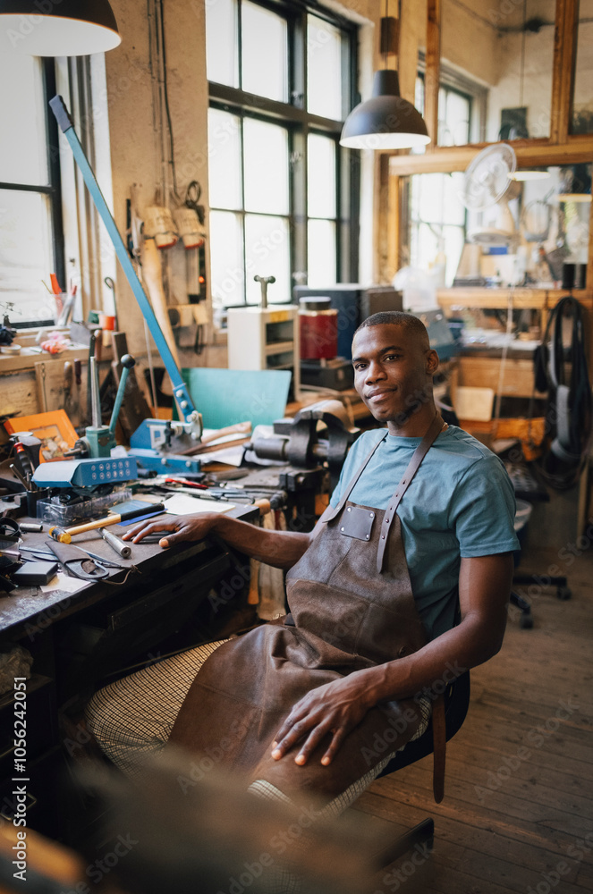 Portrait of young male craftsperson sitting on chair at workshop Portrait of young male craftsperson sitting on chair at workshop