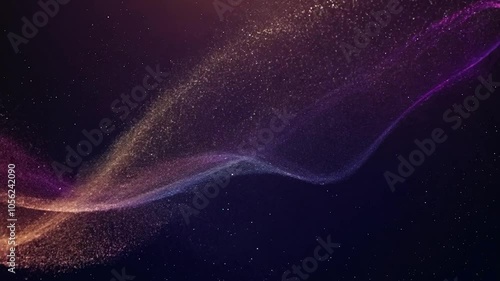 Colorful particles flow and form abstract shapes against a dark background, creating a mesmerizing display of sparkling stars and vibrant energy in a dynamic, fluid motion