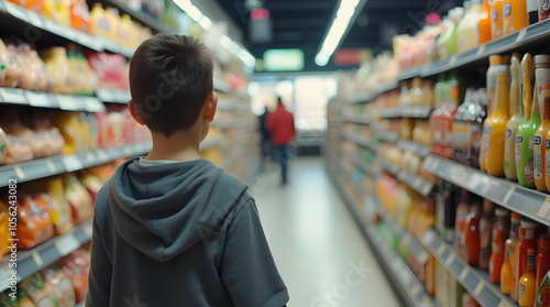 Wallpaper Mural Cute little boy choosing food in supermarket, back view. Kid choosing food in grocery store Torontodigital.ca