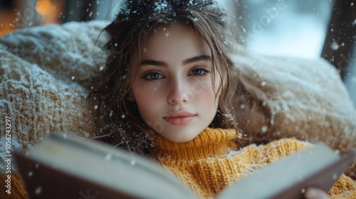 Young woman reading a book by the window in winter, cozy indoor setting, snow falling outside, warm sweater, peaceful atmosphere, serene moment, winter relaxation, home comfort photo