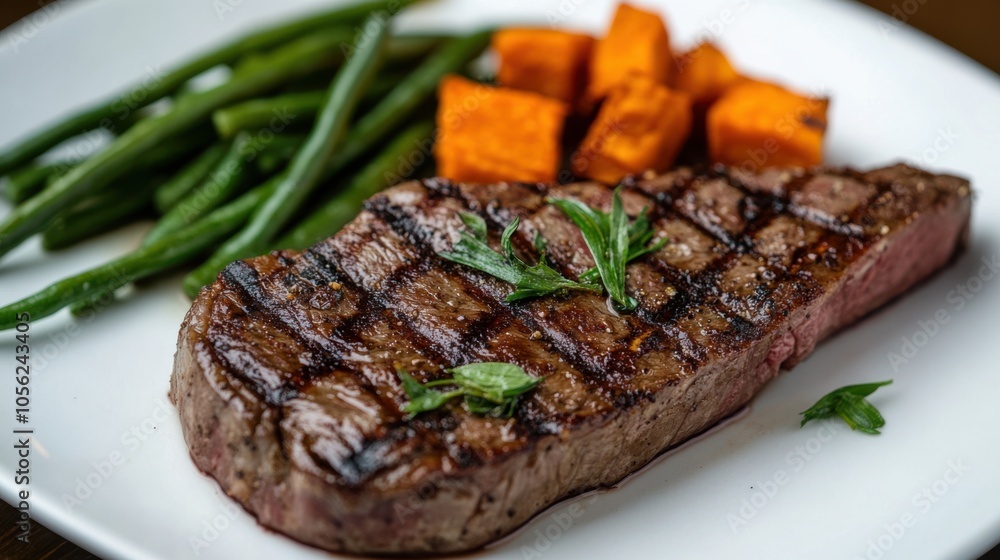 Grilled lamb steak with crispy fat edges, plated with a side of roasted sweet Grilled lamb steak with crispy fat edges, plated with a side of roasted sweet