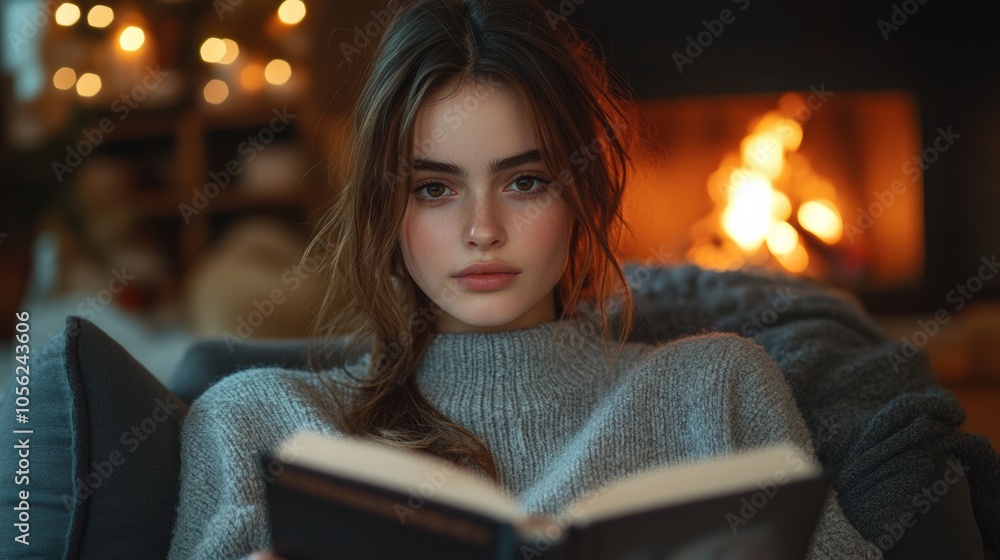 Woman sitting comfortably by the fireplace, reading a book, cozy winter indoor scene, relaxed and warm atmosphere, quiet and peaceful moment, self-care and relaxation, home comfort, winter retreat Woman sitting comfortably by the fireplace, reading a book, cozy winter indoor scene, relaxed and warm atmosphere, quiet and peaceful moment, self-care and relaxation, home comfort, winter retreat