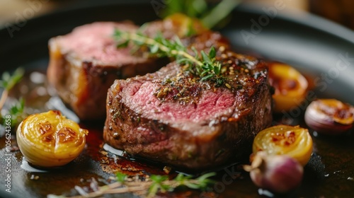 Lamb steak cooked to perfection, resting on a plate with roasted garlic