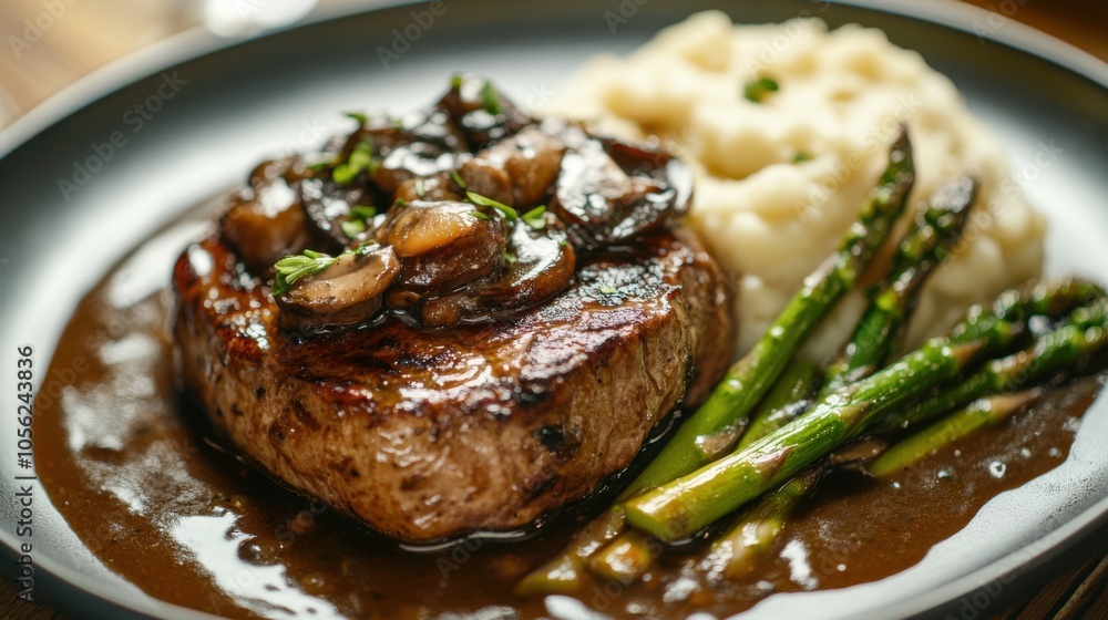 Lamb steak served with a rich mushroom sauce, plated with mashed Lamb steak served with a rich mushroom sauce, plated with mashed