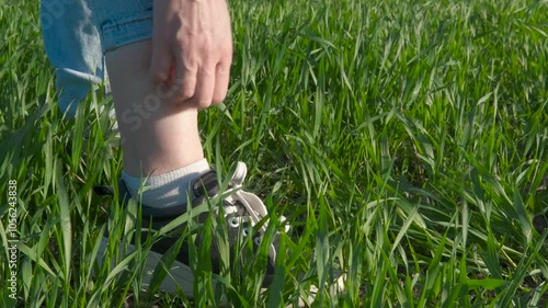 Girl scratching insects bites on leg. A view of teen stand in the green grass and scratching her legs during day time. photo