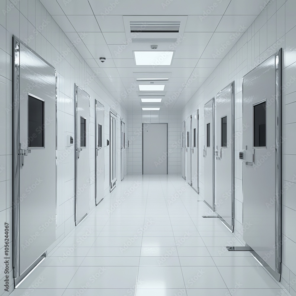Flat wall of closed refrigeration units in a sterile, white mortuary room 3D rendering Flat wall of closed refrigeration units in a sterile, white mortuary room 3D rendering