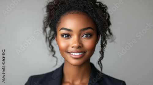 Young professional woman smiling in black blazer, confident expression, studio portrait, business attire, corporate success, career growth, natural beauty, poised and professional, elegant