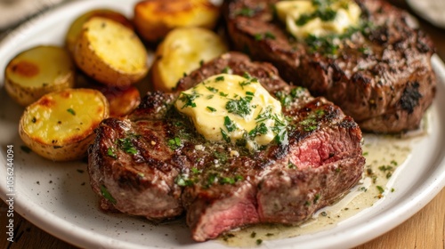 Lamb steak with herb butter melting on top, served on a white porcelain