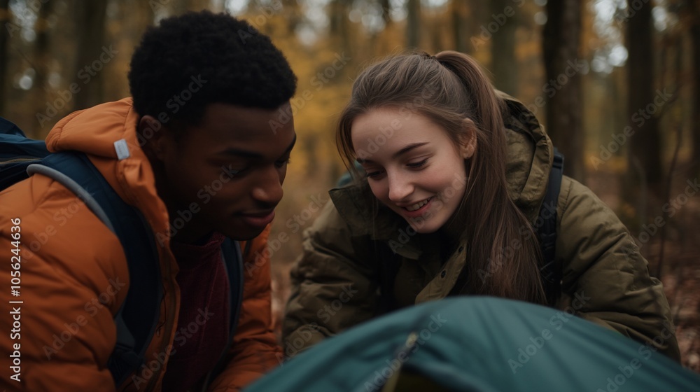 A young couple sets up a tent in the woods together. A young couple sets up a tent in the woods together.