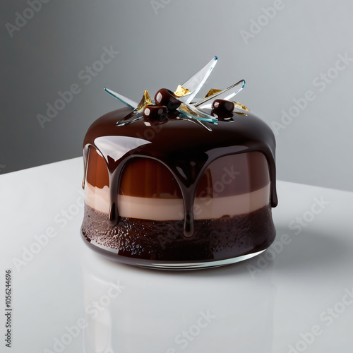 Elegant glass sculpture of a decadent chocolate mud cake with glossy ganache and intricate details, perfect for display, generative ai photo