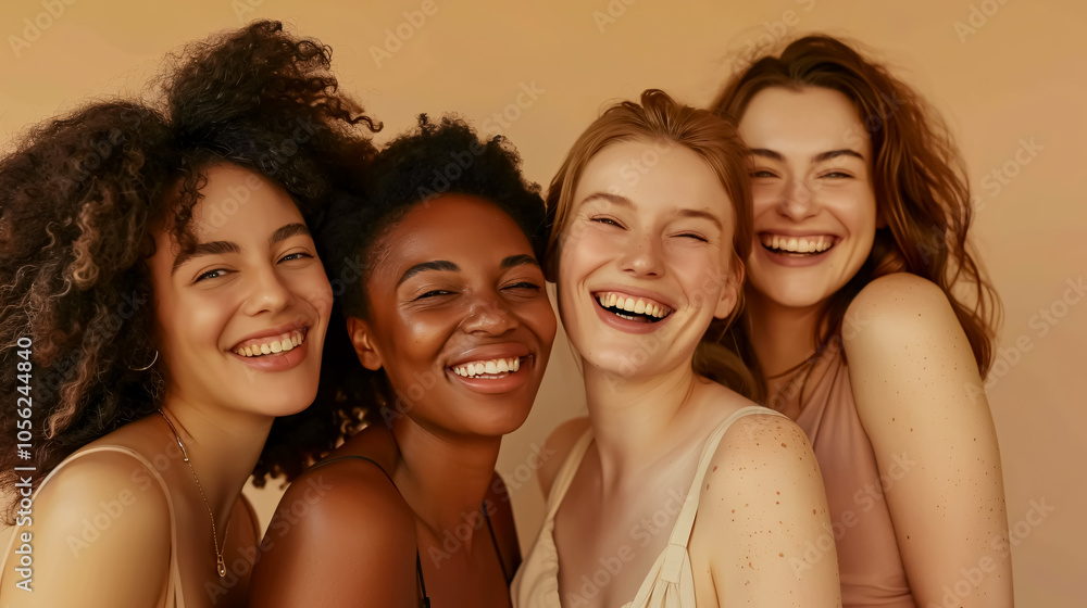 Obraz premium Diversity, beauty, and natural with women friends in the studio on a beige background to promote skincare. Portrait, face, and smile with a happy female and friend group indoors for luxury cosmetics