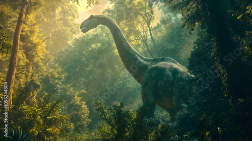 A Brontosaurus moving through the forest with its recognizable appearance, searching for fresh leaves, a huge herbivore from the Cretaceous period. photo