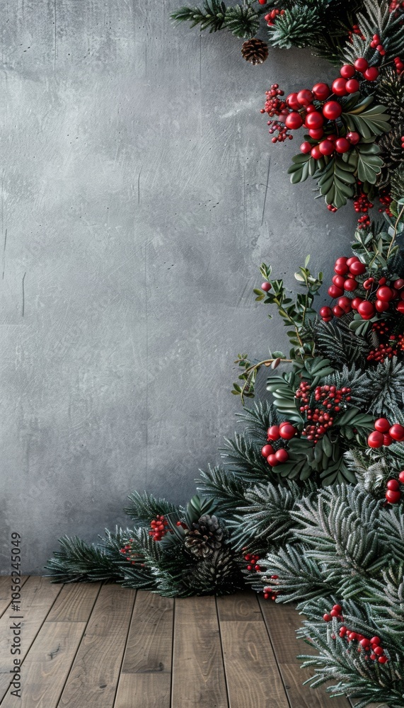 Fototapeta premium Artistic display of festive Christmas greenery adorned with vibrant red berries set against a striking rustic gray background.