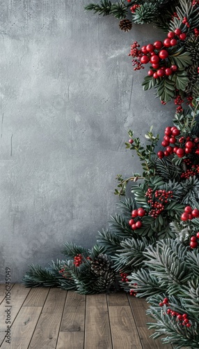 Artistic display of festive Christmas greenery adorned with vibrant red berries set against a striking rustic gray background. photo