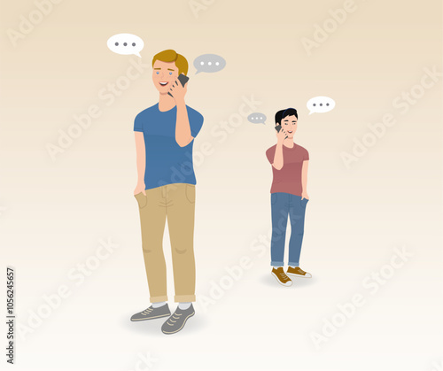 Phone call of two men talking about friends, two people talking on cell phones, prostate cancer topic, vector illustration