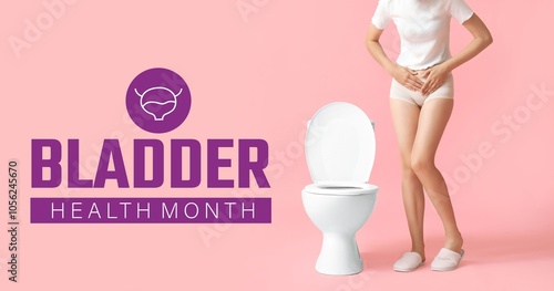 Young woman suffering from cystitis near toilet bowl on pink background. Banner for Bladder Health Awareness Month photo