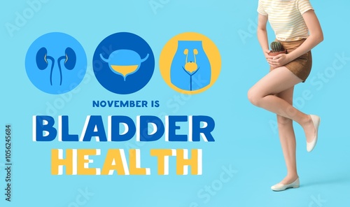 Young woman with cactus suffering from cystitis on blue background. Banner for Bladder Health Awareness Month photo