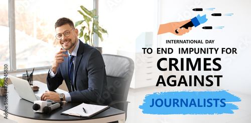 Male journalist working in ...