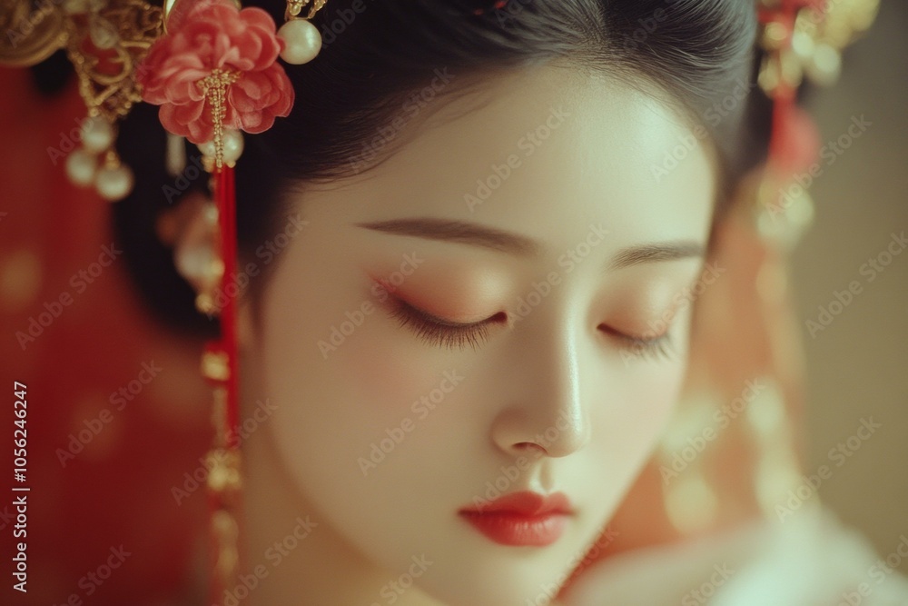 Close up of doll with flower in hair, detailed features, soft expression, delicate craftsmanship. Close up of doll with flower in hair, detailed features, soft expression, delicate craftsmanship.