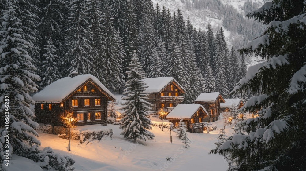 Snowy mountain cabin scene with dense pine trees and clear blue sky. Snowy mountain cabin scene with dense pine trees and clear blue sky.