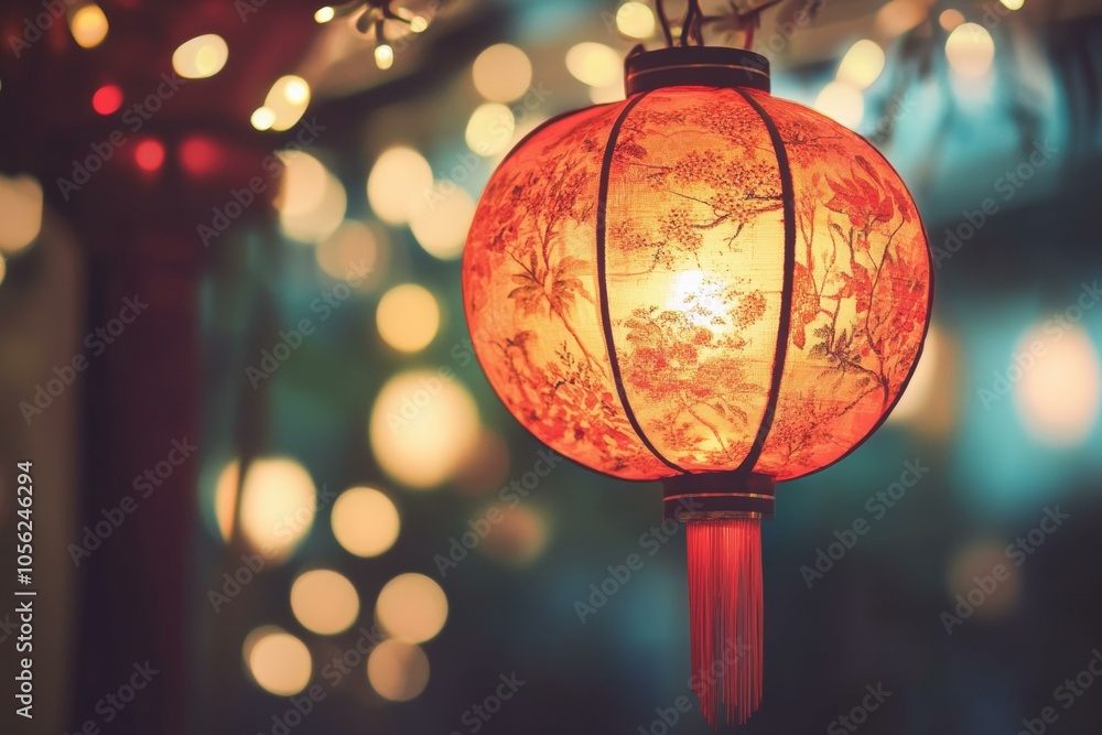 Red lantern suspended from tree branch, glowing softly in twilight, casting warm light on surrounding leaves.