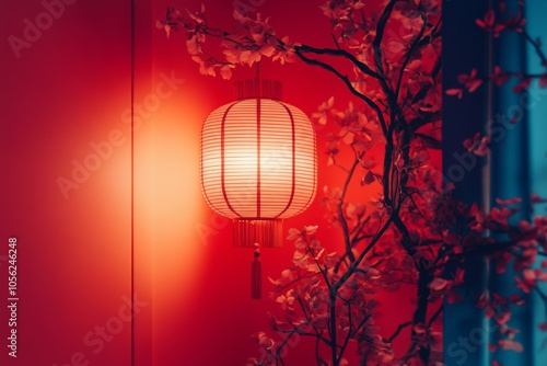 Red wall with lamp casting light, tree casting shadow, simple yet elegant outdoor scene.