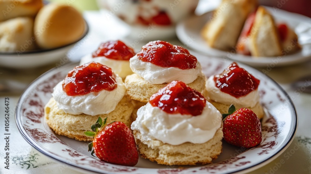 A plate of freshly baked scones with whipped cream and strawberry jam, served with fresh strawberries and a cup of tea. A plate of freshly baked scones with whipped cream and strawberry jam, served with fresh strawberries and a cup of tea.
