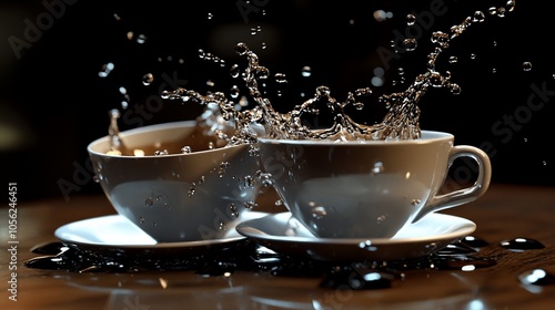 Two white teacups on saucers with water splashing between them.