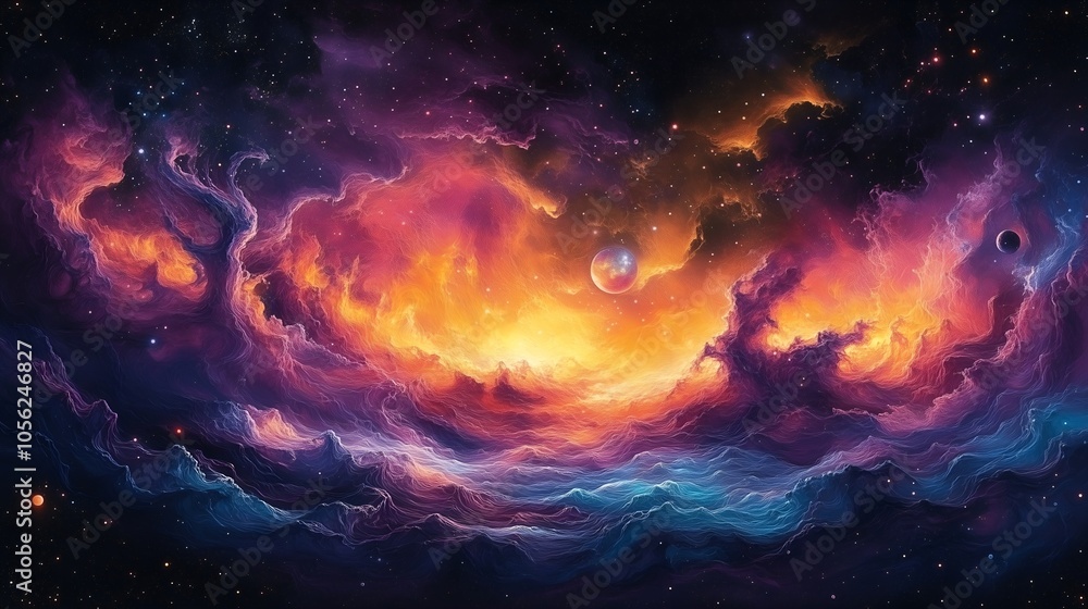 Vibrant cosmic clouds and celestial bodies illuminate the night sky in a stunning celestial display - wallpaper Vibrant cosmic clouds and celestial bodies illuminate the night sky in a stunning celestial display - wallpaper