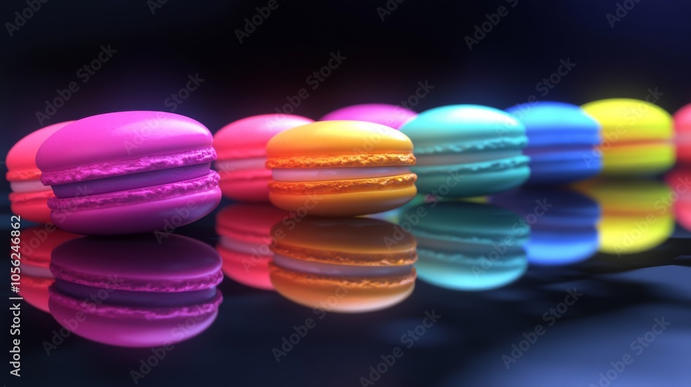 Colorful macarons in vibrant neon shades displayed on a reflective black surface with a glossy finish Colorful macarons in vibrant neon shades displayed on a reflective black surface with a glossy finish