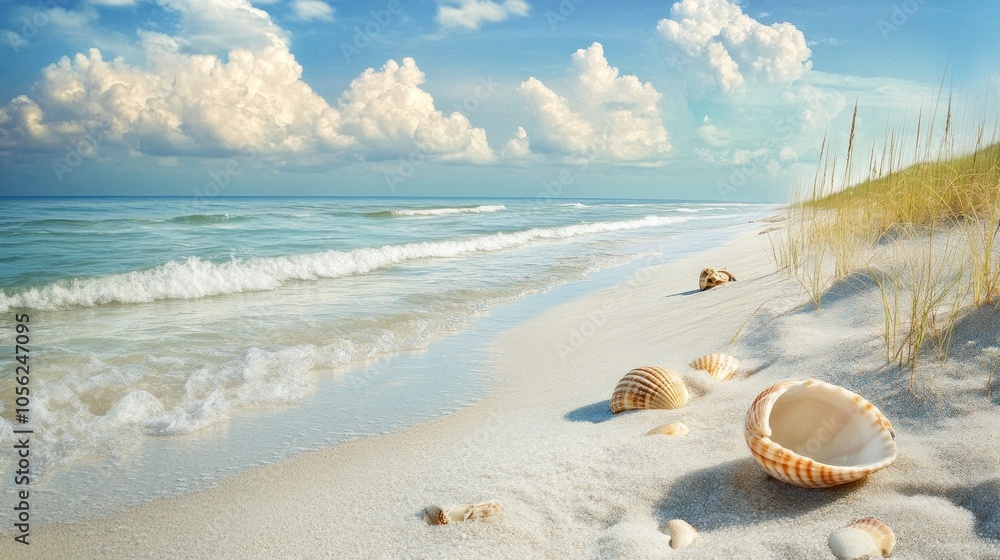 A tranquil beach scene with white sand, blue water, and seashells. A tranquil beach scene with white sand, blue water, and seashells.