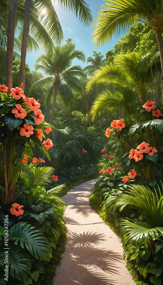 Sunlit path through lush tropical forest with orange flowers on either side Sunlit path through lush tropical forest with orange flowers on either side