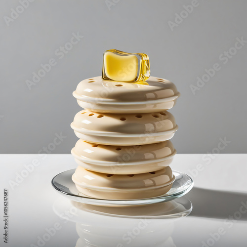 Elegant glass sculpture of crumpets with butter, showcasing delicate textures and colors, capturing a classic comfort food in a stunning art form, generative ai