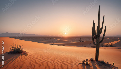 Sunset over a desert landscape with a solitary cactus