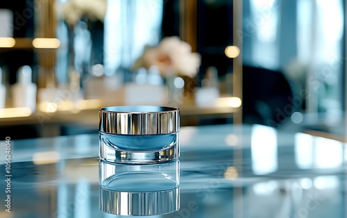 A stylish skincare cream jar sits elegantly on a reflective surface, surrounded by a softly lit background, suggesting luxury and beauty. photo