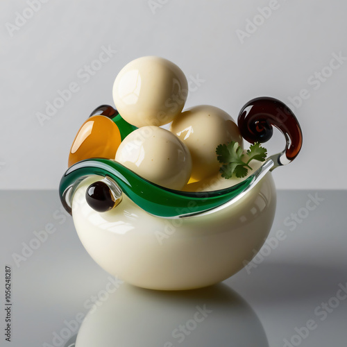 Elegant glass sculpture of Dahi Bhalla with creamy textures and vibrant colors, beautifully capturing the essence of this classic Indian dish, generative ai photo