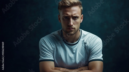 A somber portrait of a man with styled blonde hair, wearing a light blue shirt, exhibiting a serious expression against a dark background.