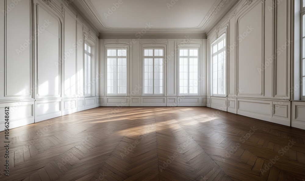 A large, empty room with wooden floors and white walls A large, empty room with wooden floors and white walls