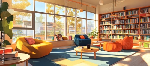 A bright and cozy library with large windows, comfortable armchairs, and a bookshelf filled with books.