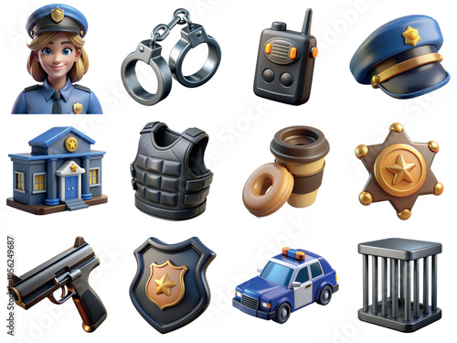 Police department 3d icon set. Bulletproof vest, badge,  weapons, handcuffs, police cap